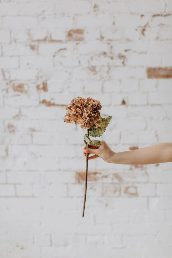 Brown dry look hydrangea, diy wedding flowers, crispy faux hydrangea stem