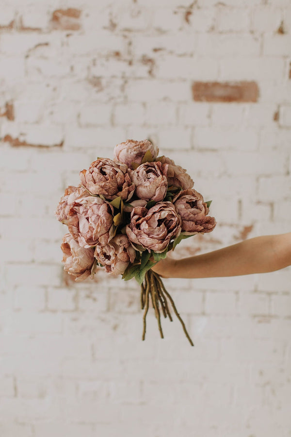 Dry look purple peony, mauve faux peony, artificial peony stem dry look