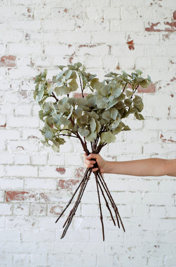 Faux ginkgo spray stem, sage green artificial ginkgo single stem